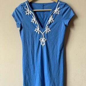 Lily Pulitzer Blue Tshirt Dress with White Embroidery Size XS- 100% Pima Cotton